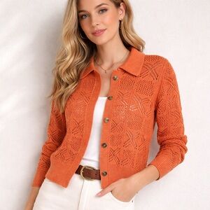 Rachel Zoe Collared Crochet Knit Cardigan Sweater Peach Coral Medium